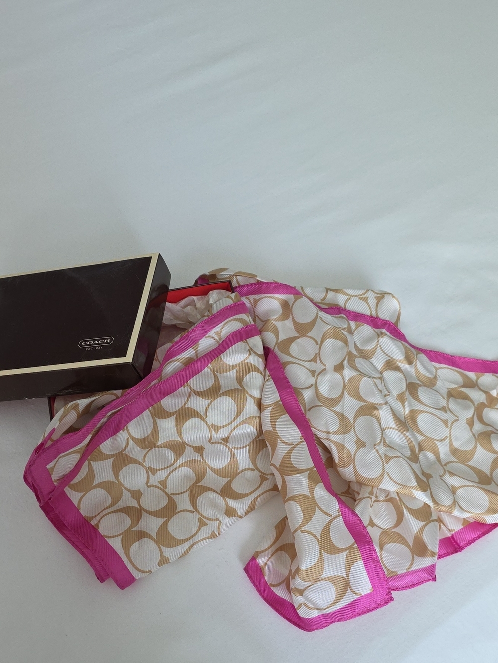 Coach Beige Logo Scarf with Pink Trim